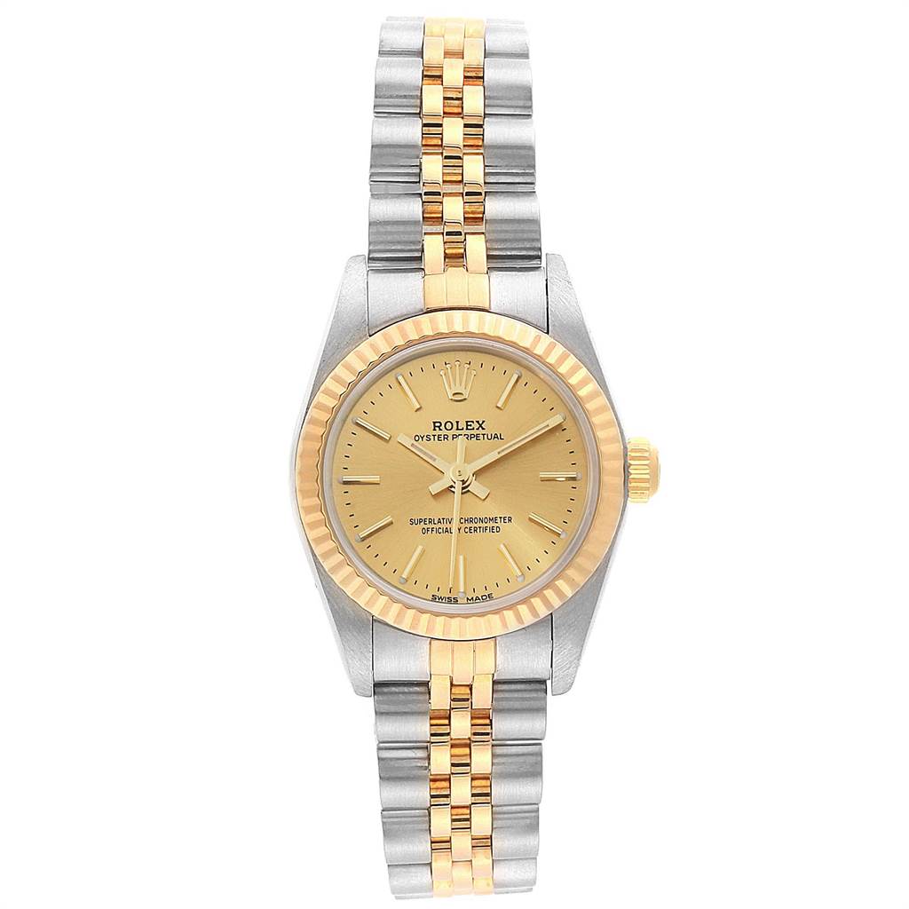 This image shows a Rolex Oyster Perpetual 67193 Women's Steel and Gold (two tone) Champagne Dial 67193 Women's Steel and Gold (two tone) Champagne Dial watch from the front, featuring a two-tone metal band and a gold dial.