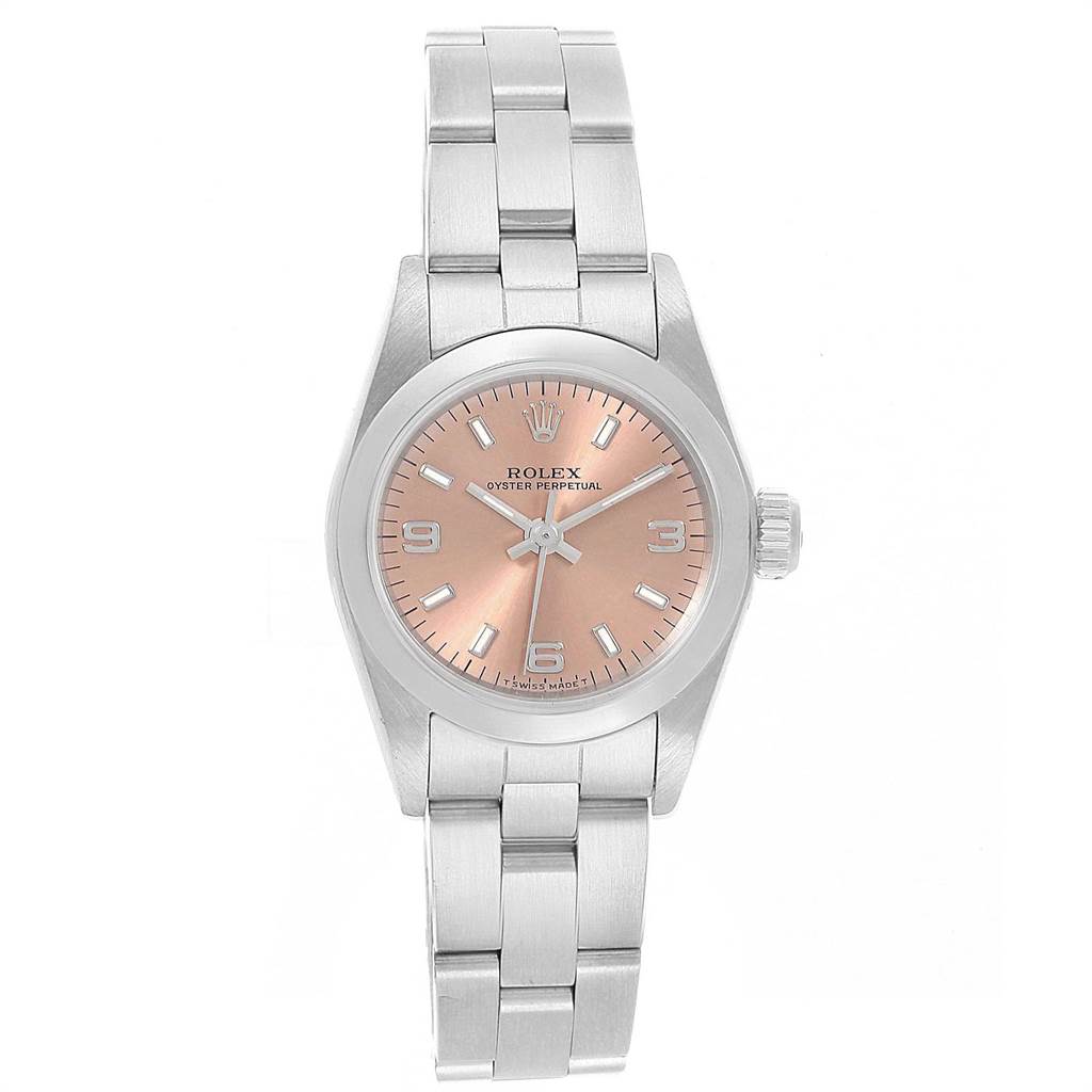 This image shows a frontal view of a Rolex Oyster Perpetual 67180 Women's Stainless Steel Pink Dial 67180 Women's Stainless Steel Pink Dial watch, displaying its dial, bezel, and bracelet.