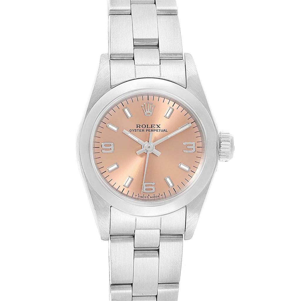 This image shows a Rolex Oyster Perpetual 67180 Women's Stainless Steel Pink Dial 67180 Women's Stainless Steel Pink Dial watch from a front view, displaying its face, bracelet, and crown.