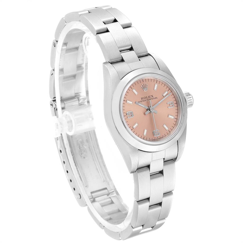 The image shows the front and side view of the Rolex Oyster Perpetual 67180 Women's Stainless Steel Pink Dial 67180 Women's Stainless Steel Pink Dial watch, highlighting the dial and bracelet.