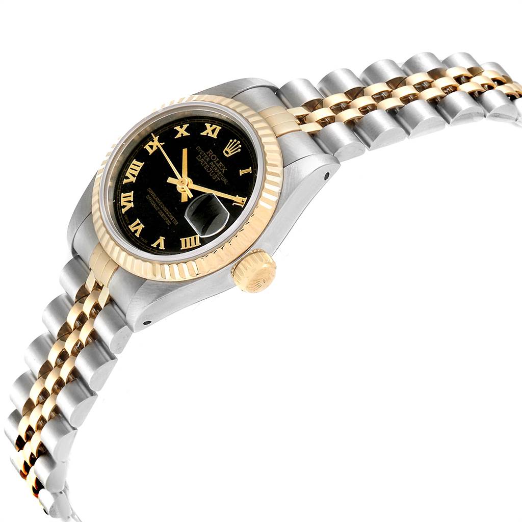 The Rolex Oyster Perpetual 69173 Women's Stainless Steel Black Dial 69173 Women's Stainless Steel Black Dial model is shown at an angle, highlighting its black dial, fluted bezel, gold crown, and two-tone bracelet.