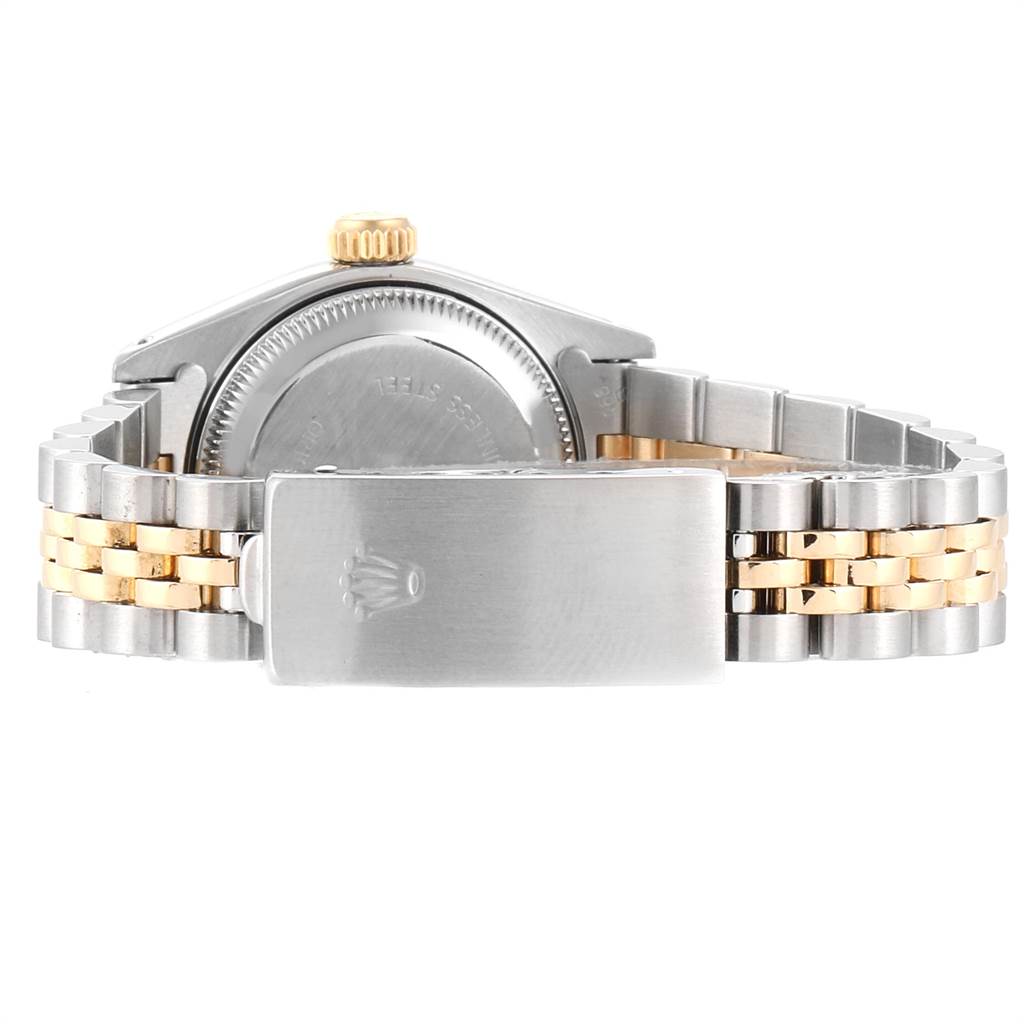 This image shows the back view of a Rolex Oyster Perpetual 69173 Women's Stainless Steel Black Dial 69173 Women's Stainless Steel Black Dial watch, highlighting the clasp, bracelet, case back, and crown.