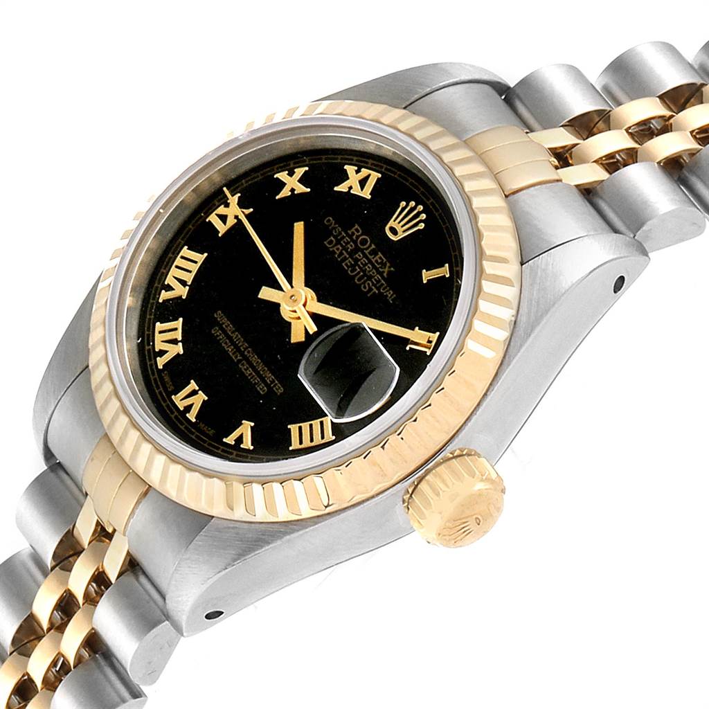 The image shows the face, bezel, crown, and a portion of the bracelet of a Rolex Oyster Perpetual 69173 Women's Stainless Steel Black Dial 69173 Women's Stainless Steel Black Dial watch at a tilted angle.