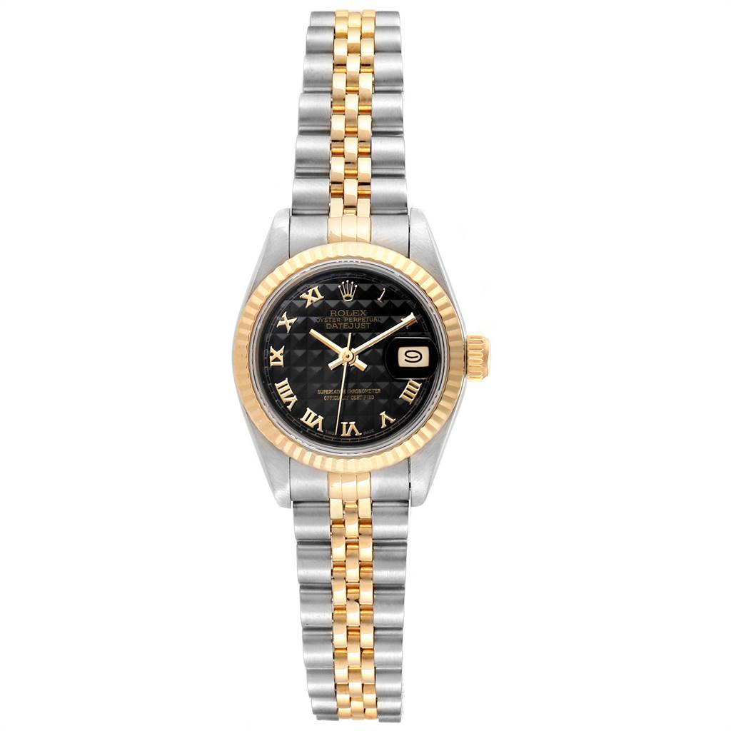 The image shows a Rolex Oyster Perpetual 69173 Women's Stainless Steel Black Dial 69173 Women's Stainless Steel Black Dial watch from a top-down angle, highlighting its face, bezel, crown, and bracelet.