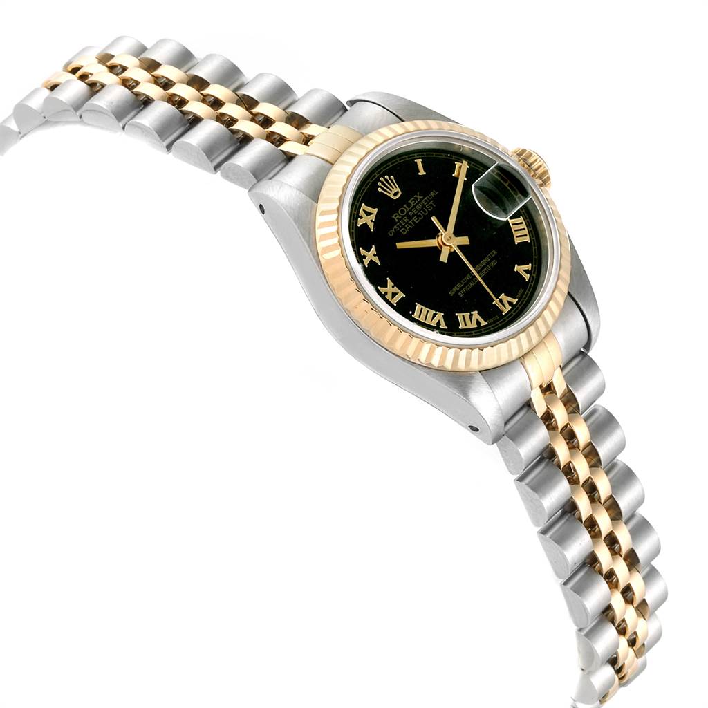 The Rolex Oyster Perpetual 69173 Women's Stainless Steel Black Dial 69173 Women's Stainless Steel Black Dial watch is shown at a slight angle, featuring the bracelet, bezel, crown, and black dial with Roman numerals.