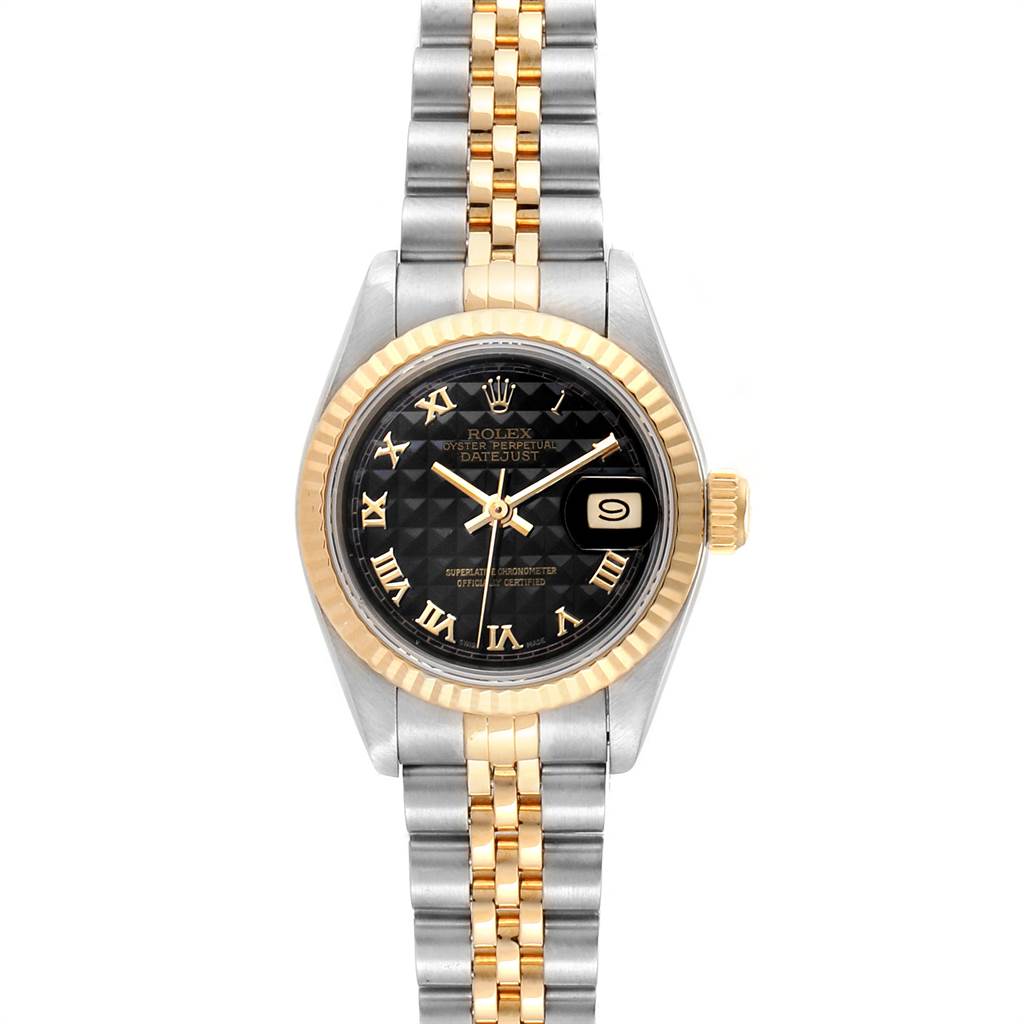 The image shows a Rolex Oyster Perpetual 69173 Women's Stainless Steel Black Dial 69173 Women's Stainless Steel Black Dial Datejust watch, featuring the face, bezel, crown, and Jubilee bracelet from a top-down angle.