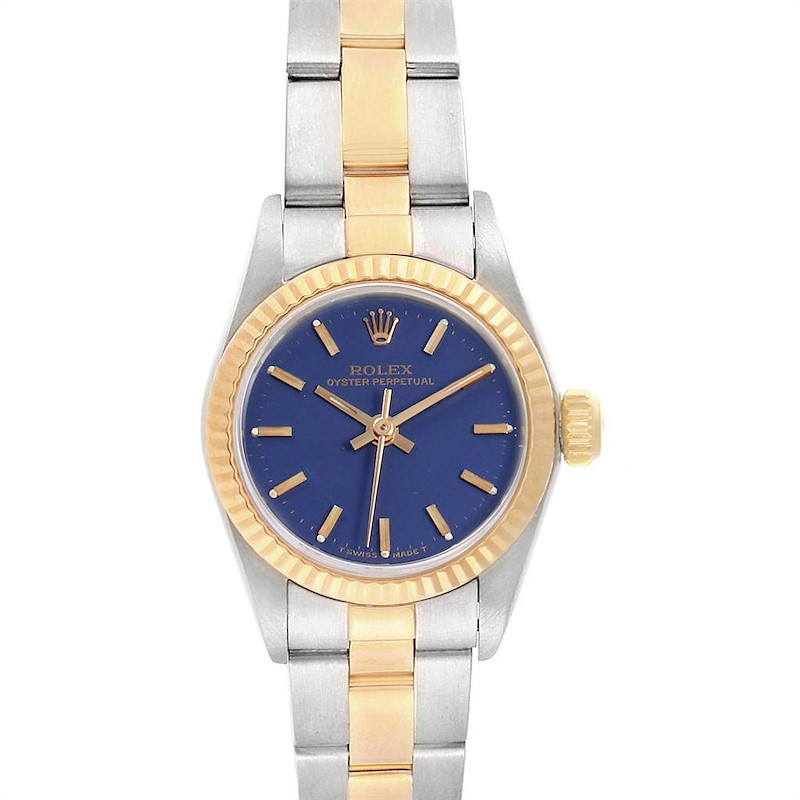 Rolex Oyster Perpetual Steel Yellow Gold Blue Dial Ladies Watch 67193 SwissWatchExpo