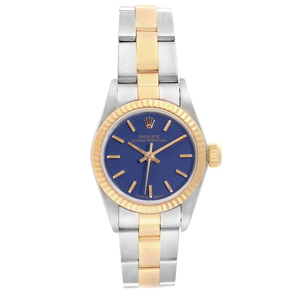 The Rolex Oyster Perpetual 67193 Women's Steel and Gold (two tone) Blue Dial 67193 Women's Steel and Gold (two tone) Blue Dial watch is shown from the front, displaying its blue dial, gold bezel, and two-tone metal bracelet.