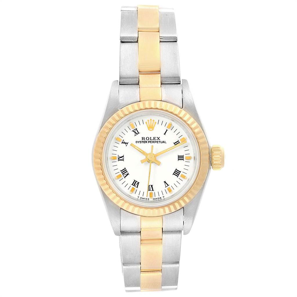 This image shows a frontal view of the Rolex Oyster Perpetual 67193 Women's Steel and Gold (two tone) White Dial 67193 Women's Steel and Gold (two tone) White Dial watch, featuring a two-tone bracelet and a white dial with Roman numerals.