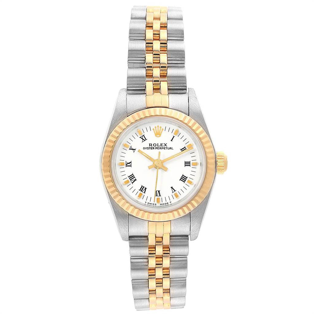 This image shows a front view of a Rolex Oyster Perpetual 67193 Women's Steel and Gold (two tone) White Dial 67193 Women's Steel and Gold (two tone) White Dial watch, highlighting its dial, bezel, crown, and two-tone bracelet.
