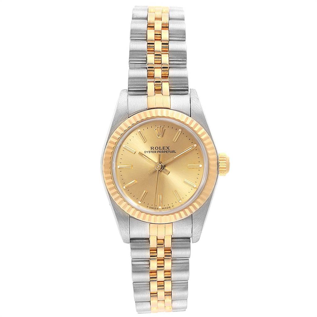 This image shows a frontal view of a Rolex Oyster Perpetual 67193 Women's Steel and Gold (two tone) Champagne Dial 67193 Women's Steel and Gold (two tone) Champagne Dial watch, highlighting the dial, bezel, and bracelet.