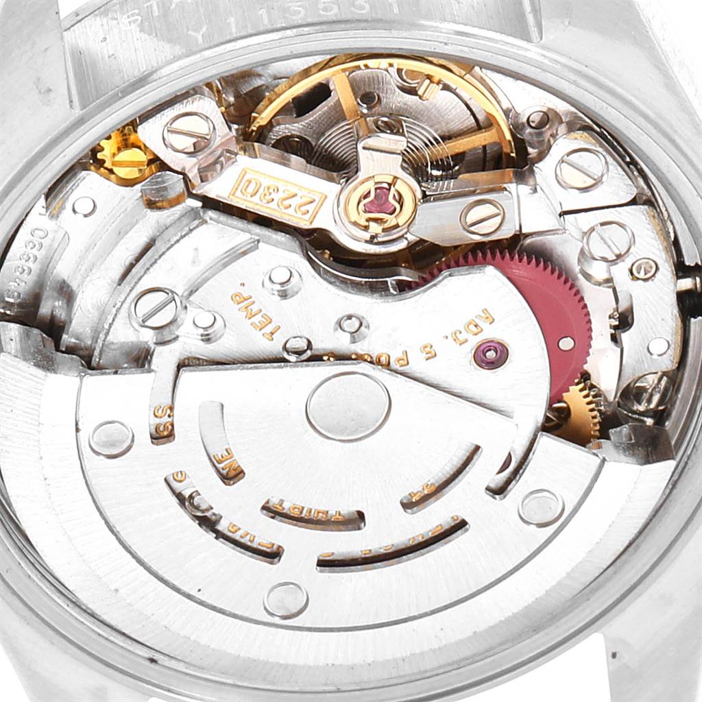 The image shows the intricate internal mechanism of the Rolex Oyster Perpetual 76080 Women's Stainless Steel Silver Dial 76080 Women's Stainless Steel Silver Dial watch, viewed from the back.