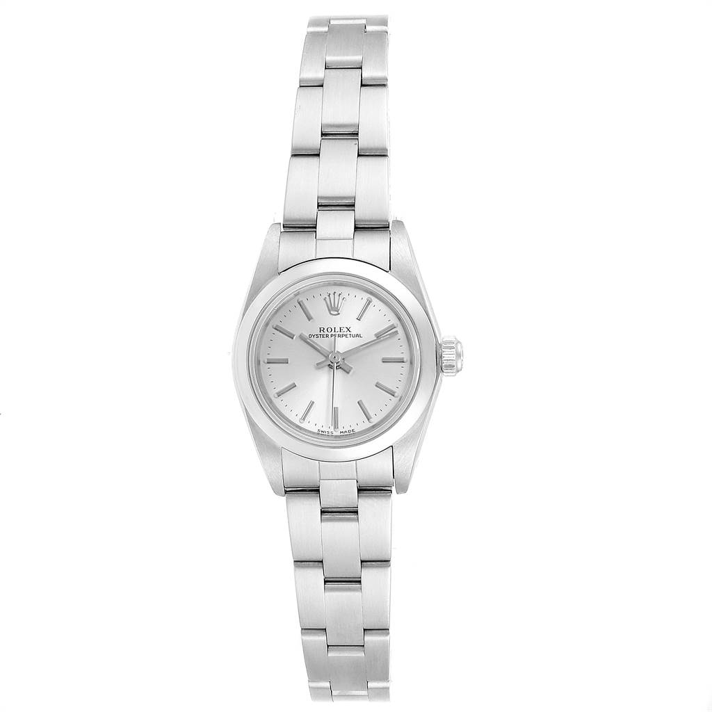 This is a front view of a Rolex Oyster Perpetual 76080 Women's Stainless Steel Silver Dial 76080 Women's Stainless Steel Silver Dial watch, showing the face, bezel, and bracelet.