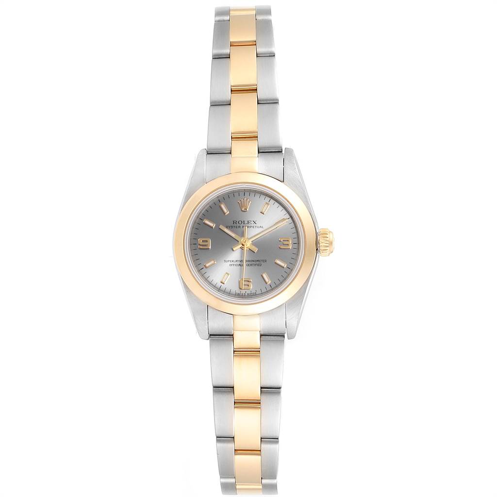 This image shows the front view of a Rolex Oyster Perpetual 76183 Women's Steel and Gold (two tone) Grey Dial 76183 Women's Steel and Gold (two tone) Grey Dial watch, highlighting its face, bezel, and bracelet.