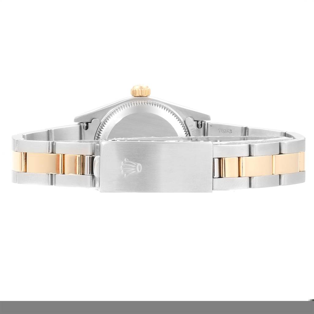 This image shows the back view of the Rolex Oyster Perpetual 76183 Women's Steel and Gold (two tone) Grey Dial 76183 Women's Steel and Gold (two tone) Grey Dial watch, highlighting its two-tone bracelet and clasp.
