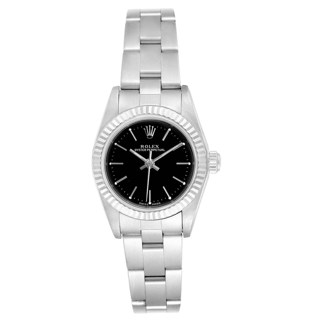 The image shows a front view of the Rolex Oyster Perpetual 76094 Women's Stainless Steel Black Dial 76094 Women's Stainless Steel Black Dial watch, displaying the entire watch including the face, bezel, and bracelet.