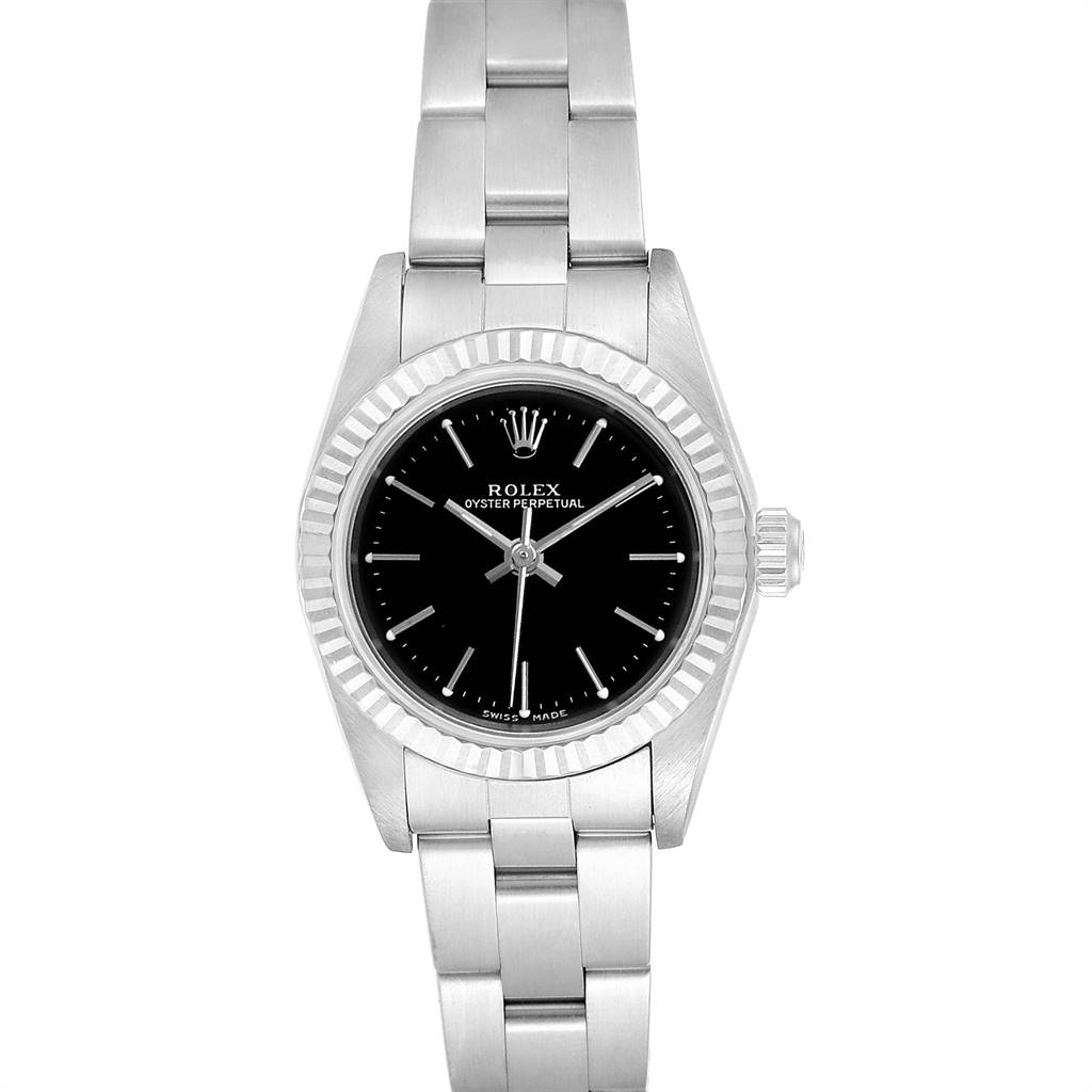 The image shows a front view of a Rolex Oyster Perpetual 76094 Women's Stainless Steel Black Dial 76094 Women's Stainless Steel Black Dial watch, displaying the dial, bezel, and bracelet.
