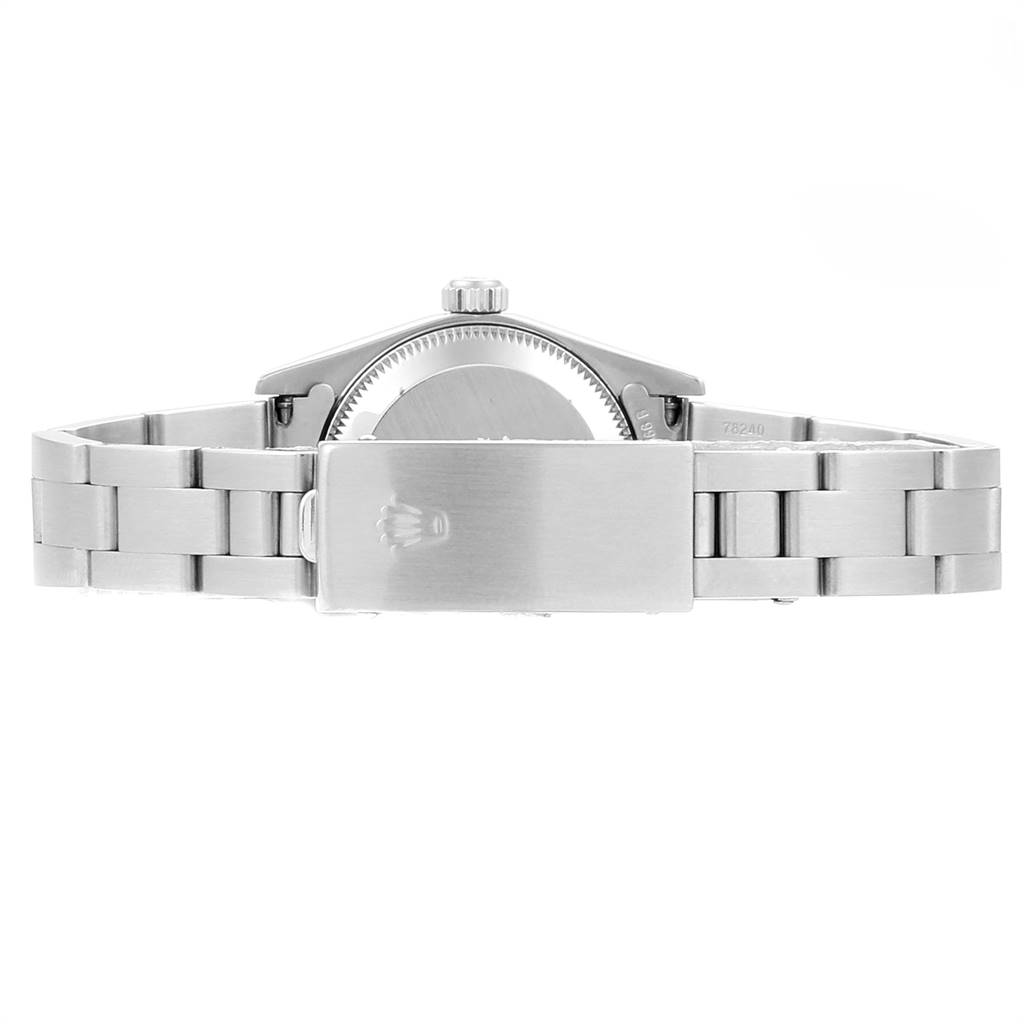 The image shows the rear view of the Rolex Oyster Perpetual 76094 Women's Stainless Steel Black Dial 76094 Women's Stainless Steel Black Dial watch, highlighting the bracelet and the clasp.