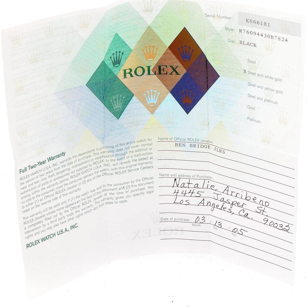 This image shows a warranty card and purchase receipt for a Rolex Oyster Perpetual 76094 Women's Stainless Steel Black Dial 76094 Women's Stainless Steel Black Dial watch, including details like serial number and purchaser information.