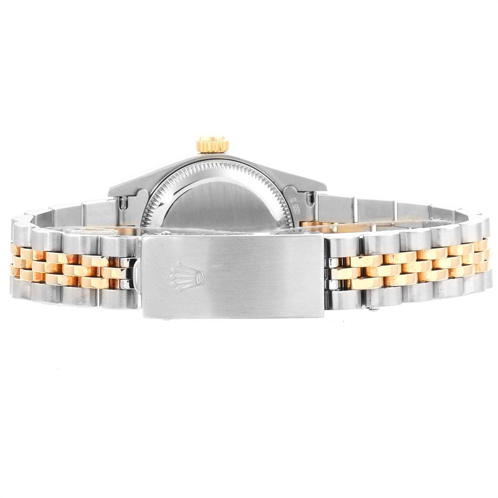 The image shows the back view of a Rolex Oyster Perpetual 76183 Women's Steel and Gold (two tone) Champagne Dial 76183 Women's Steel and Gold (two tone) Champagne Dial watch, highlighting the two-tone bracelet and clasp.