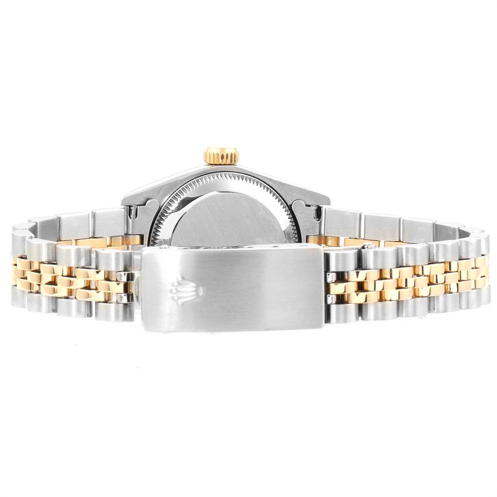 This image shows the back view of a Rolex Oyster Perpetual 67193 Women's Steel and Gold (two tone) Champagne Dial 67193 Women's Steel and Gold (two tone) Champagne Dial with its two-tone bracelet and clasp.