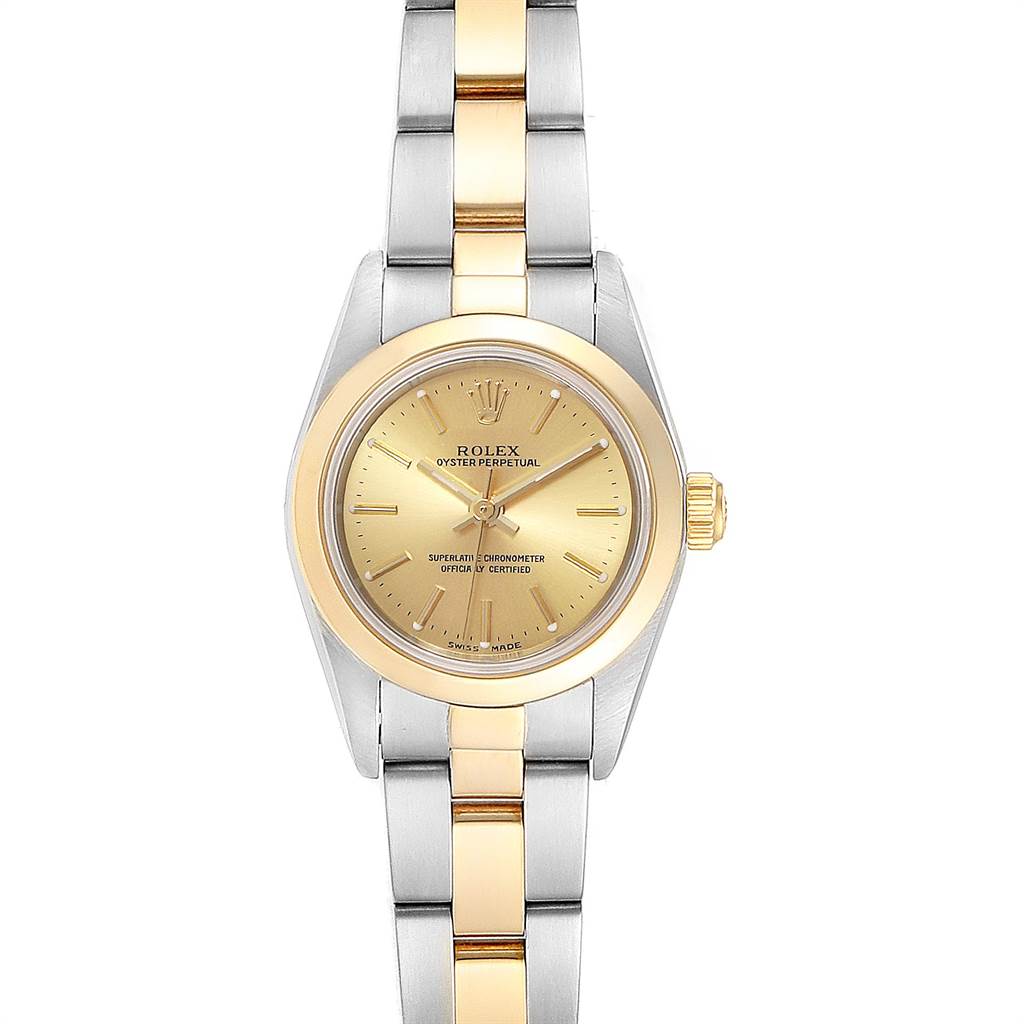 This image shows a front view of a Rolex Oyster Perpetual 76183 Women
s Steel and Gold (two tone) Champagne Dial 76183 Women
s Steel and Gold (two tone) Champagne Dial watch, featuring a two-tone gold and steel bracelet and bezel.