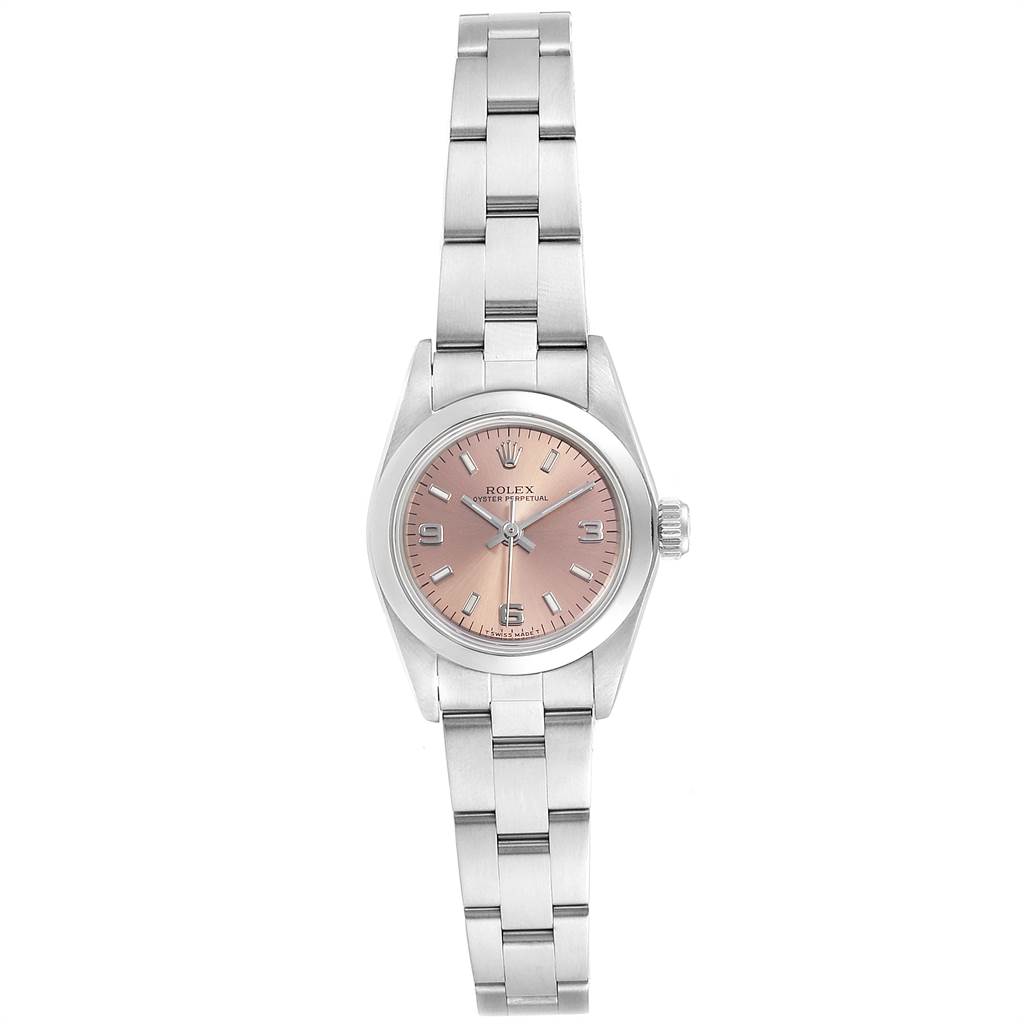 This image shows a front view of a Rolex Oyster Perpetual 67180 Women's Stainless Steel Pink Dial 67180 Women's Stainless Steel Pink Dial watch with a silver bracelet and a pink dial.