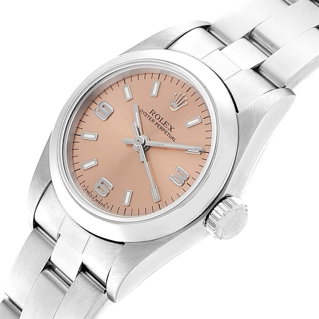 The image shows a Rolex Oyster Perpetual 67180 Women's Stainless Steel Pink Dial 67180 Women's Stainless Steel Pink Dial watch at an angle, highlighting the dial, crown, and bracelet.