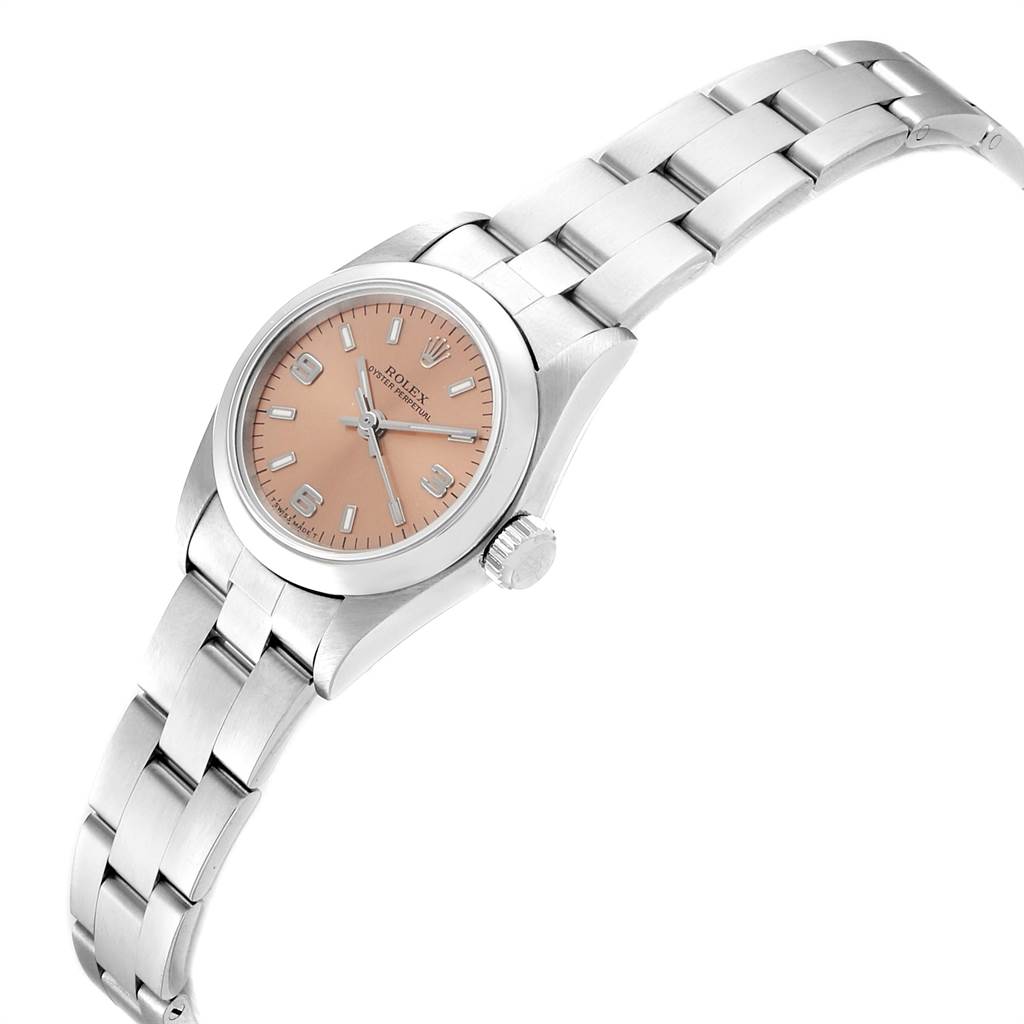 This image shows a side and angled view of a Rolex Oyster Perpetual 67180 Women's Stainless Steel Pink Dial 67180 Women's Stainless Steel Pink Dial watch, highlighting its dial, case, and bracelet.