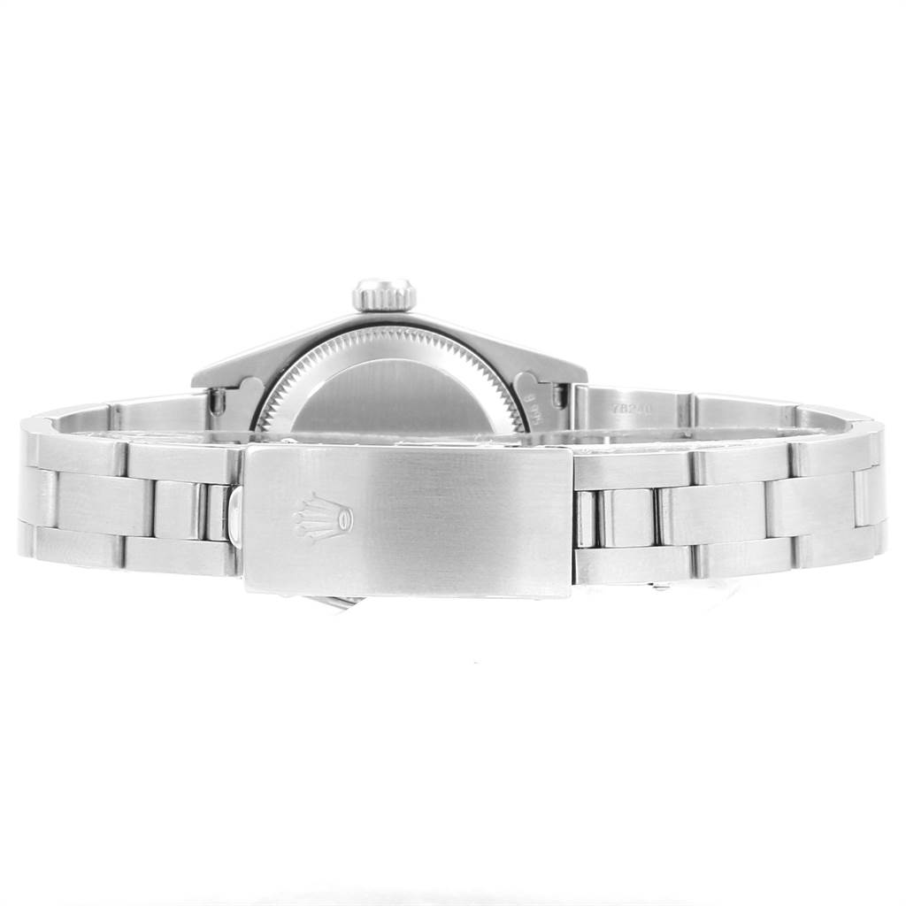 This image shows the back view of a Rolex Oyster Perpetual 67180 Women's Stainless Steel Pink Dial 67180 Women's Stainless Steel Pink Dial watch, highlighting the clasp and bracelet.