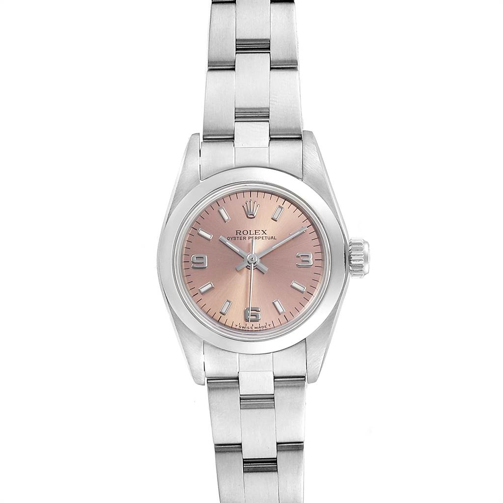 This image shows a frontal view of a Rolex Oyster Perpetual 67180 Women's Stainless Steel Pink Dial 67180 Women's Stainless Steel Pink Dial watch, highlighting its pink dial and stainless steel bracelet.