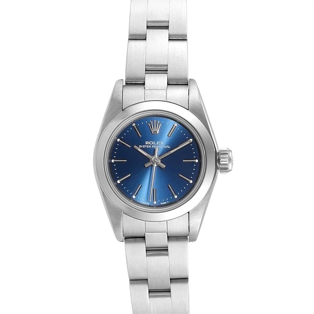 The Rolex Oyster Perpetual 67180 Women's Stainless Steel Blue Dial 67180 Women's Stainless Steel Blue Dial watch is shown from a straight-on angle, displaying the blue dial, stainless steel case, and bracelet.