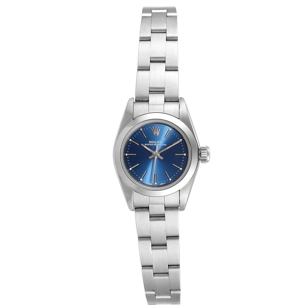 This image shows a front view of the Rolex Oyster Perpetual 67180 Women's Stainless Steel Blue Dial 67180 Women's Stainless Steel Blue Dial watch, highlighting its blue dial, bezel, crown, and stainless steel bracelet.