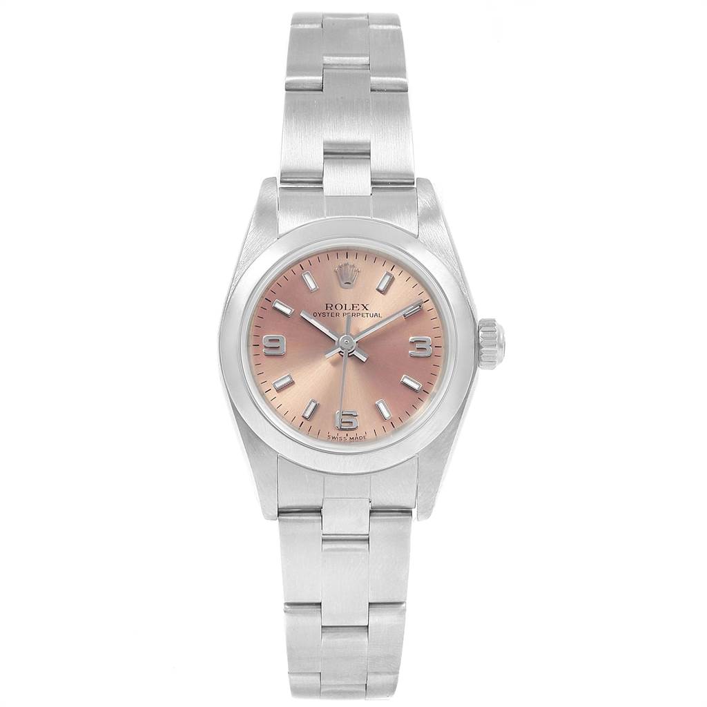 This image shows a front view of a Rolex Oyster Perpetual 76080 Women's Stainless Steel Pink Dial 76080 Women's Stainless Steel Pink Dial watch, displaying its dial, hands, and stainless steel bracelet.