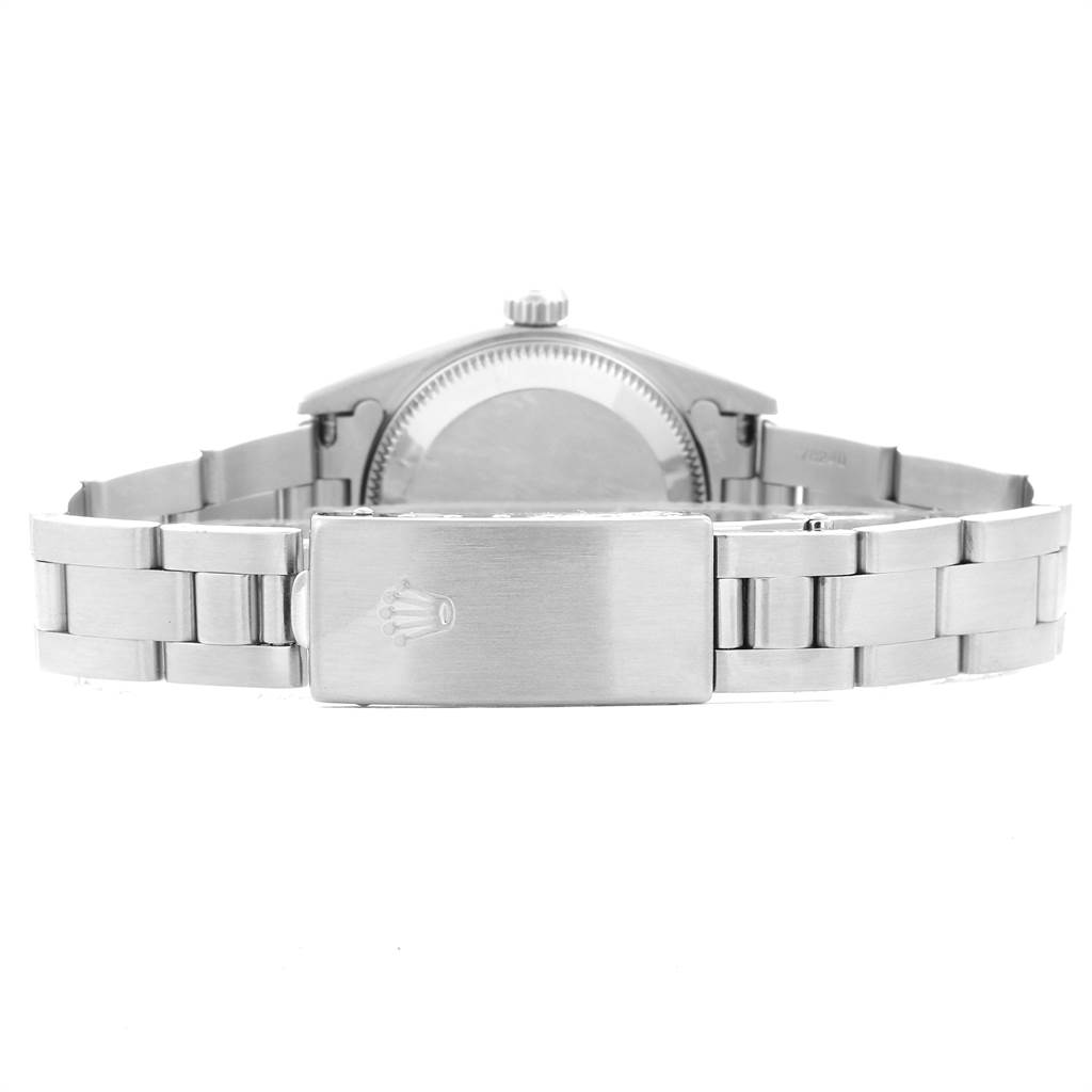 The image shows the back view of the Rolex Oyster Perpetual 76080 Women's Stainless Steel Pink Dial 76080 Women's Stainless Steel Pink Dial watch, focusing on the clasp and bracelet.