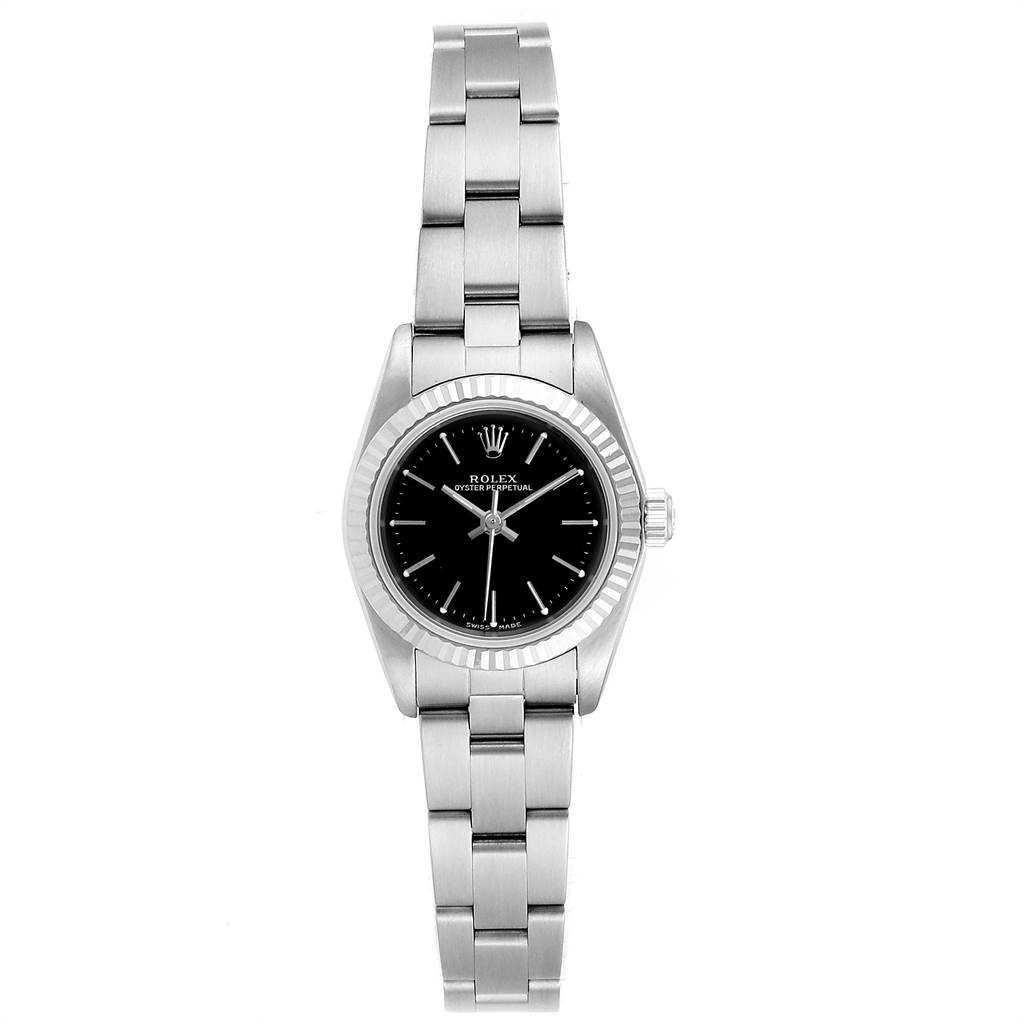 This image shows a front view of a Rolex Oyster Perpetual 76094 Women's Stainless Steel Black Dial 76094 Women's Stainless Steel Black Dial watch, featuring its black dial, stainless steel case, and bracelet.