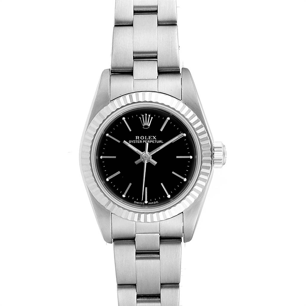 This image shows a front view of the Rolex Oyster Perpetual 76094 Women's Stainless Steel Black Dial 76094 Women's Stainless Steel Black Dial watch, displaying the black dial, stainless steel bracelet, and fluted bezel.