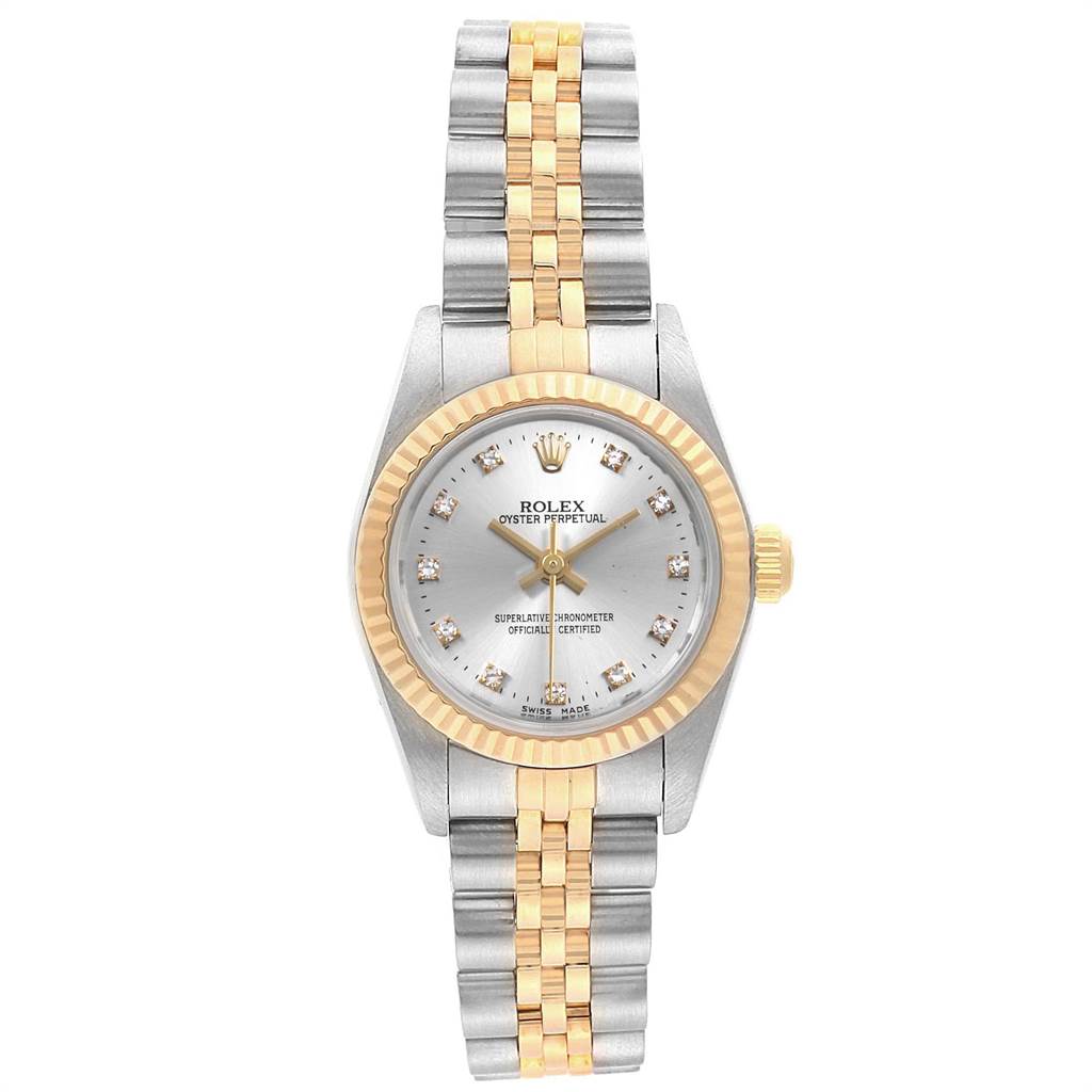 The image shows a Rolex Oyster Perpetual 76193 Women's Steel and Gold (two tone) Silver Dial 76193 Women's Steel and Gold (two tone) Silver Dial watch in a front angle, revealing the dial, bezel, and two-tone metal bracelet.