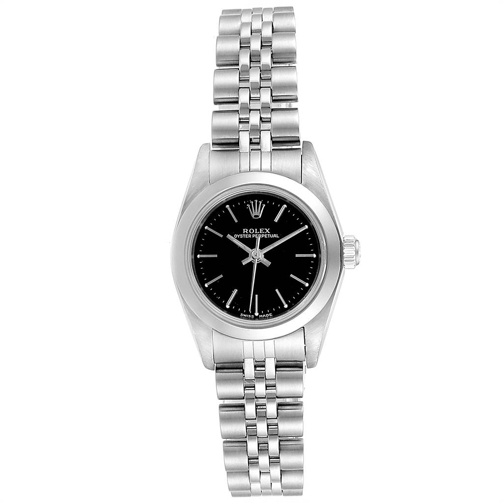 This image shows a front view of a Rolex Oyster Perpetual 76080 Women's Stainless Steel Black Dial 76080 Women's Stainless Steel Black Dial watch displaying its face and stainless-steel bracelet.