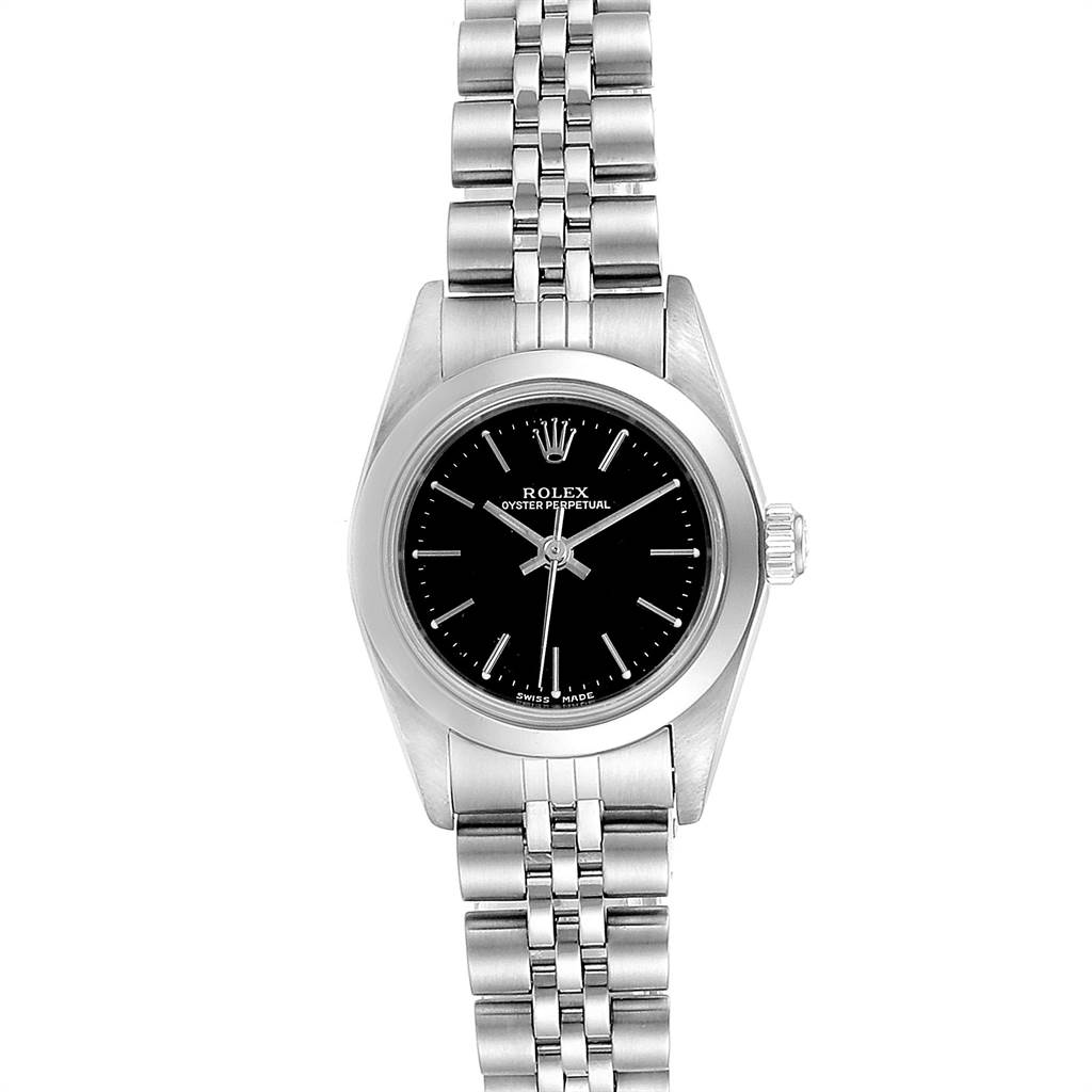This is a front view of a Rolex Oyster Perpetual 76080 Women's Stainless Steel Black Dial 76080 Women's Stainless Steel Black Dial watch showing the dial, case, and bracelet.