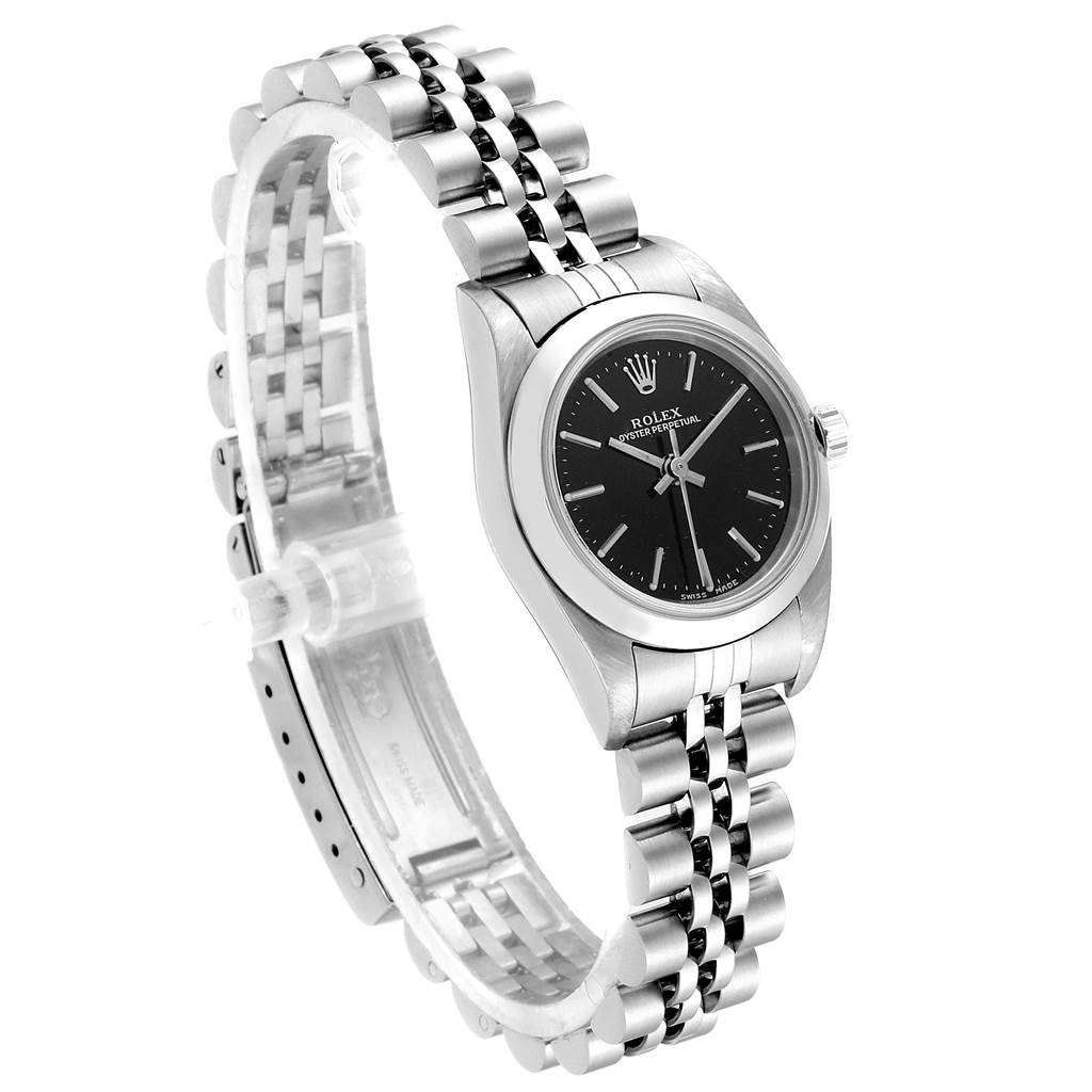 The image shows a side angle view of a Rolex Oyster Perpetual 76080 Women's Stainless Steel Black Dial 76080 Women's Stainless Steel Black Dial watch, highlighting the bracelet and black dial.