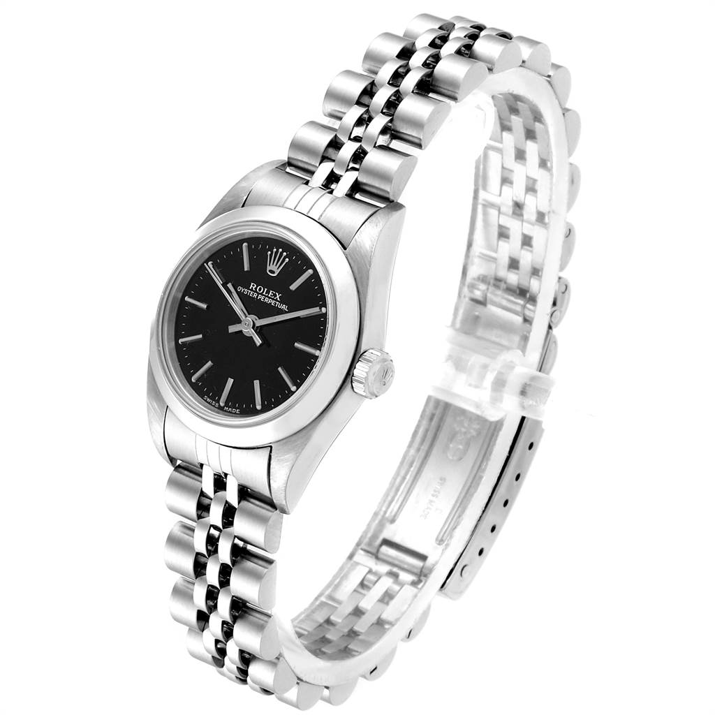 The image shows a side-angle view of the Rolex Oyster Perpetual 76080 Women's Stainless Steel Black Dial 76080 Women's Stainless Steel Black Dial watch, highlighting the dial, crown, and bracelet.