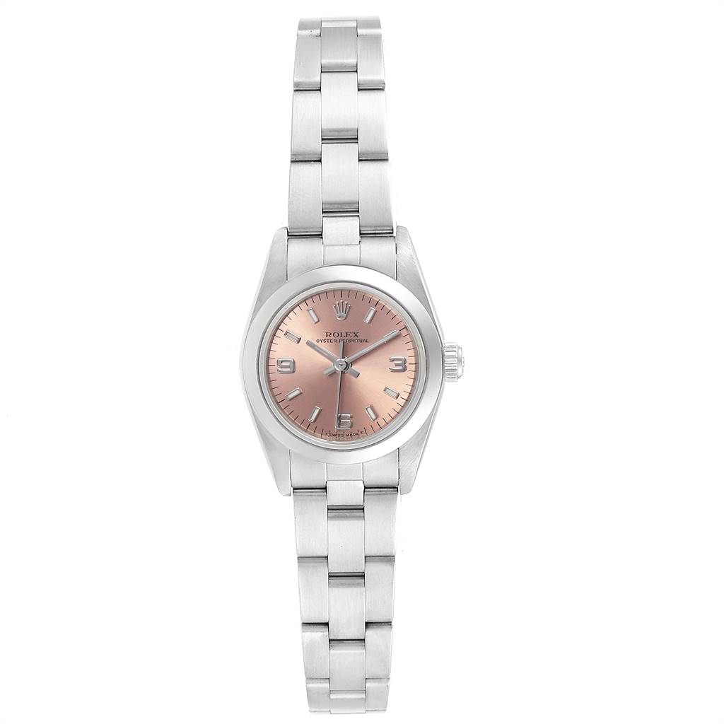 The image shows a front view of the Rolex Oyster Perpetual 76080 Women's Stainless Steel Pink Dial 76080 Women's Stainless Steel Pink Dial watch with a pink dial and stainless steel bracelet.