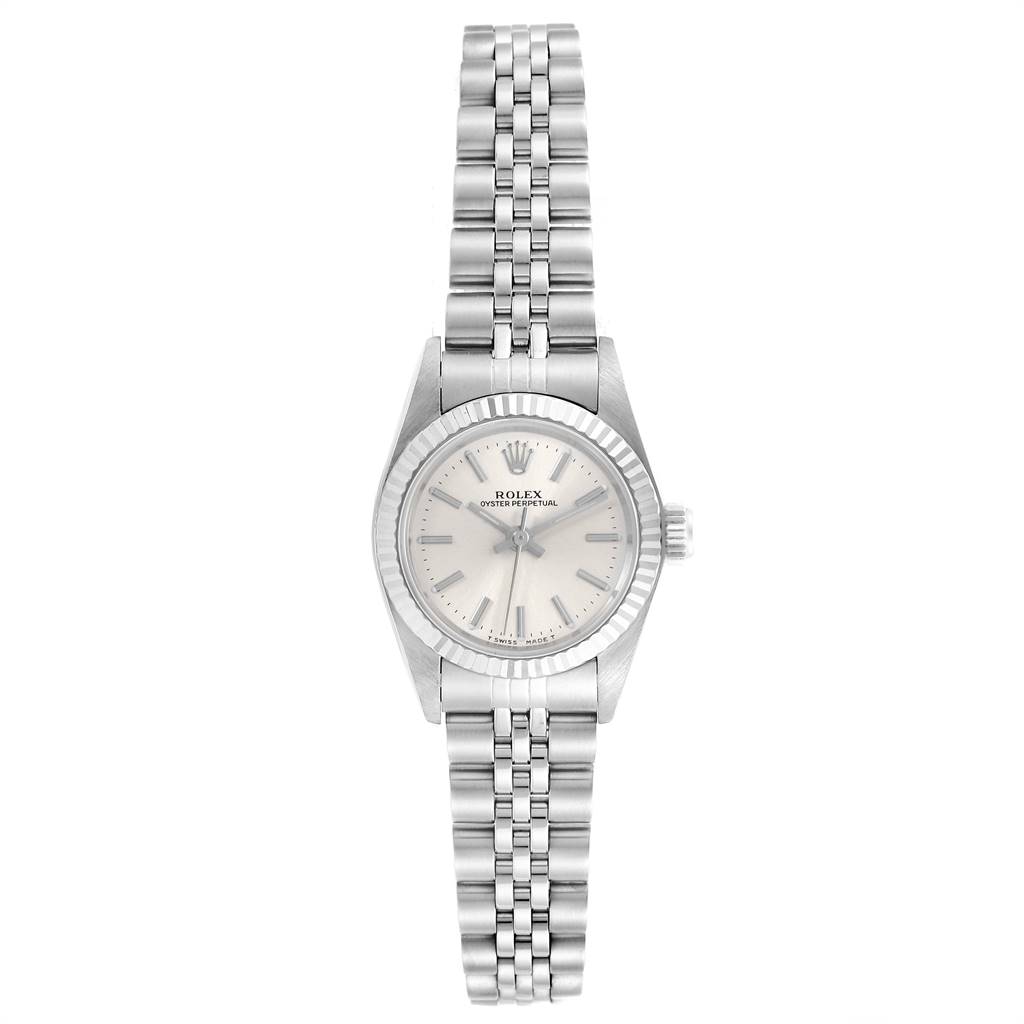 The image shows a front view of a Rolex Oyster Perpetual 67194 Women's Stainless Steel Silver Dial 67194 Women's Stainless Steel Silver Dial watch with its bracelet fully visible.