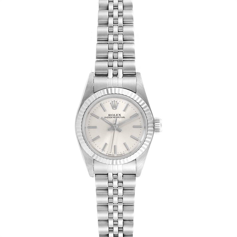 Rolex Non-Date Steel 18k White Gold Silver Dial Ladies Watch 67194 SwissWatchExpo