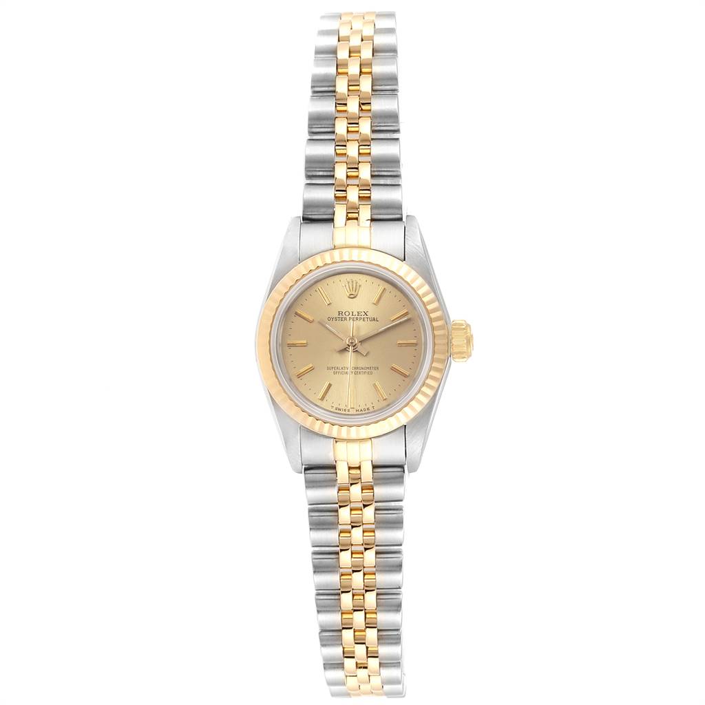 The Rolex Oyster Perpetual 67193 Women's Steel and Gold (two tone) Champagne Dial 67193 Women's Steel and Gold (two tone) Champagne Dial watch is shown from a straight-on angle, displaying the face, bezel, and bracelet.