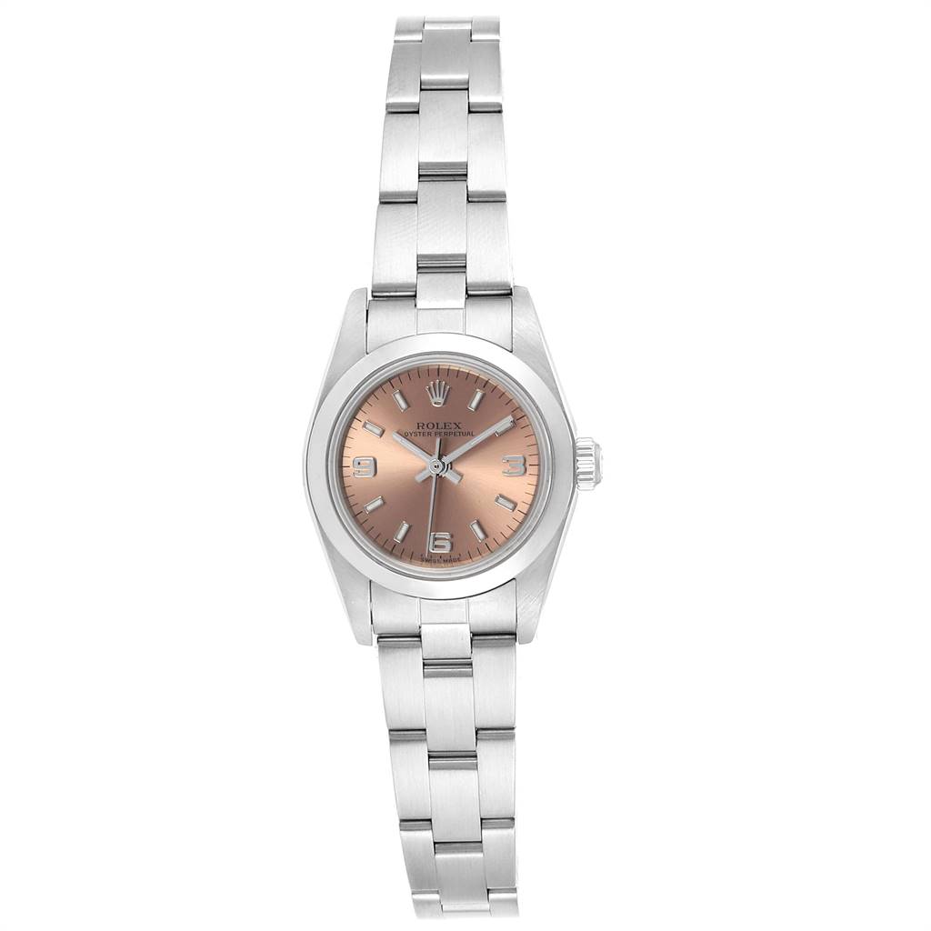 The image shows a frontal view of a Rolex Oyster Perpetual 76080 Women's Stainless Steel Pink Dial 76080 Women's Stainless Steel Pink Dial watch with a silver bracelet and a pink dial.