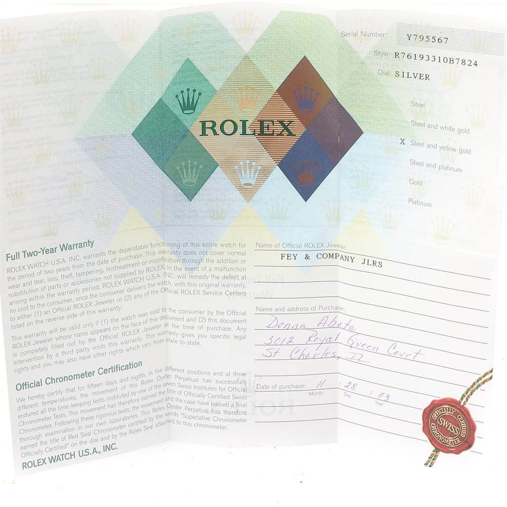 The image shows the warranty card and certification for the Rolex Oyster Perpetual 76193 Women's Steel and Gold (two tone) Silver Dial 76193 Women's Steel and Gold (two tone) Silver Dial watch.