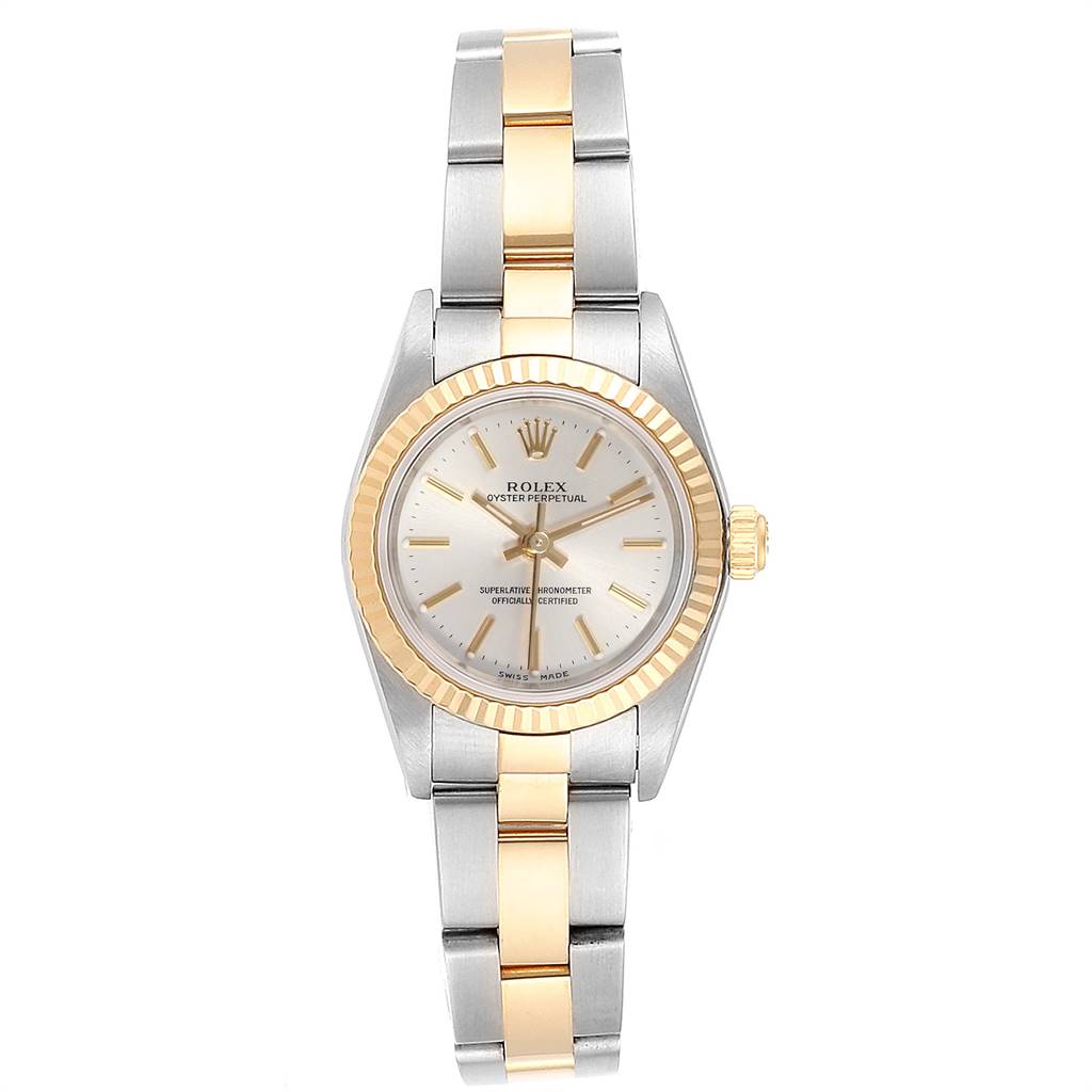 The image shows a front view of a Rolex Oyster Perpetual 76193 Women's Steel and Gold (two tone) Silver Dial 76193 Women's Steel and Gold (two tone) Silver Dial watch, highlighting the bezel, dial, and two-tone bracelet.