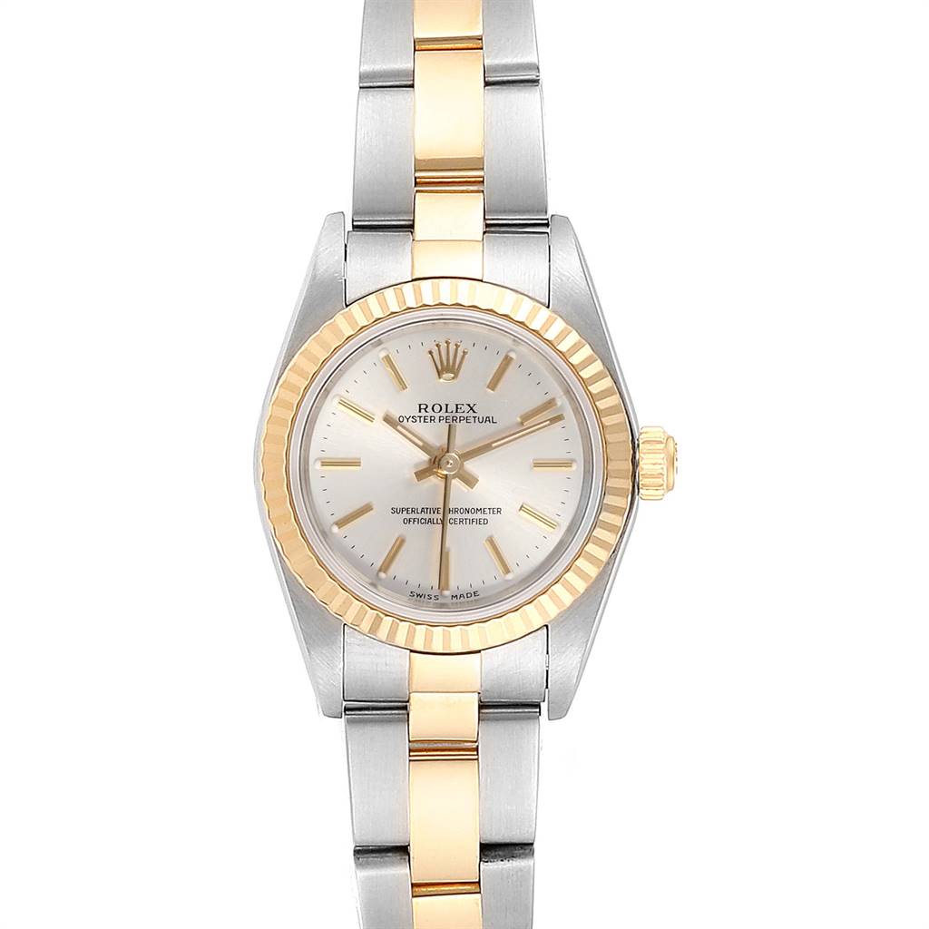 The image shows a Rolex Oyster Perpetual 76193 Women's Steel and Gold (two tone) Silver Dial 76193 Women's Steel and Gold (two tone) Silver Dial watch from a top-down angle, displaying its face, bezel, and two-tone bracelet.